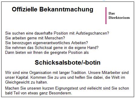 Stellenanzeige für neue Schicksalsboten